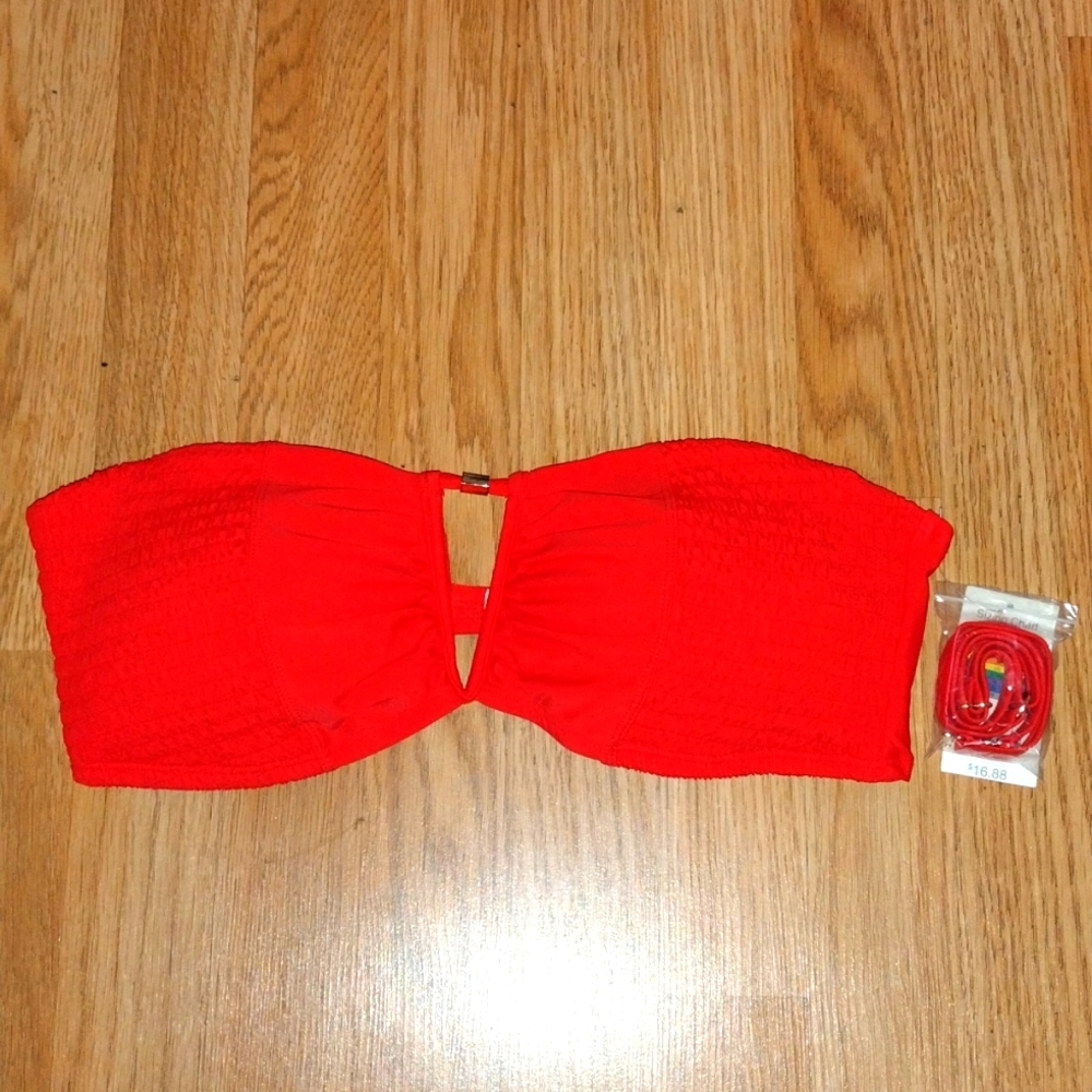 Red strapless swimsuit top